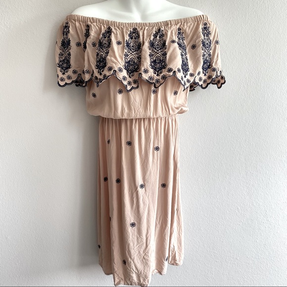 Love Tree Dresses & Skirts - Off Shoulder Embroidered Cream Ruffle Fleur de Lis BOHO Mini Dress Iris Flower